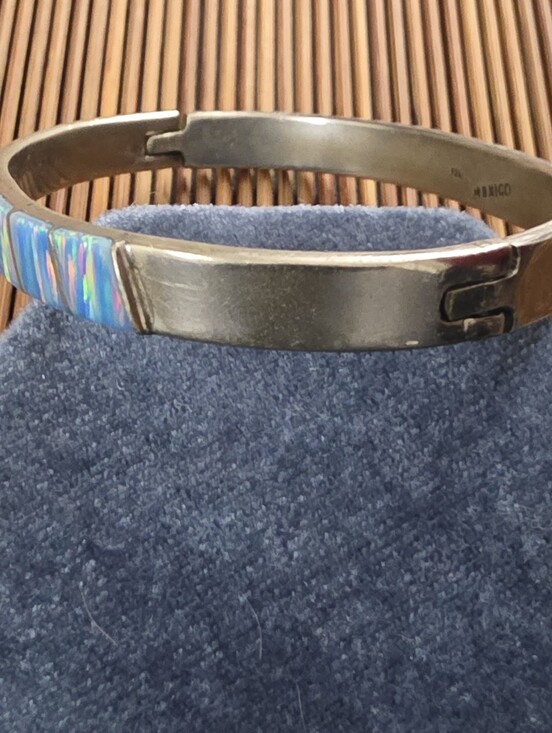 925 Silver Opal Mexico Hinged Bangle Bracelet (Vintage)